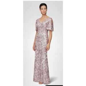 Alex Evenings Women's Long Mother of The Bride Sequin Dress with Flutter Sleeves